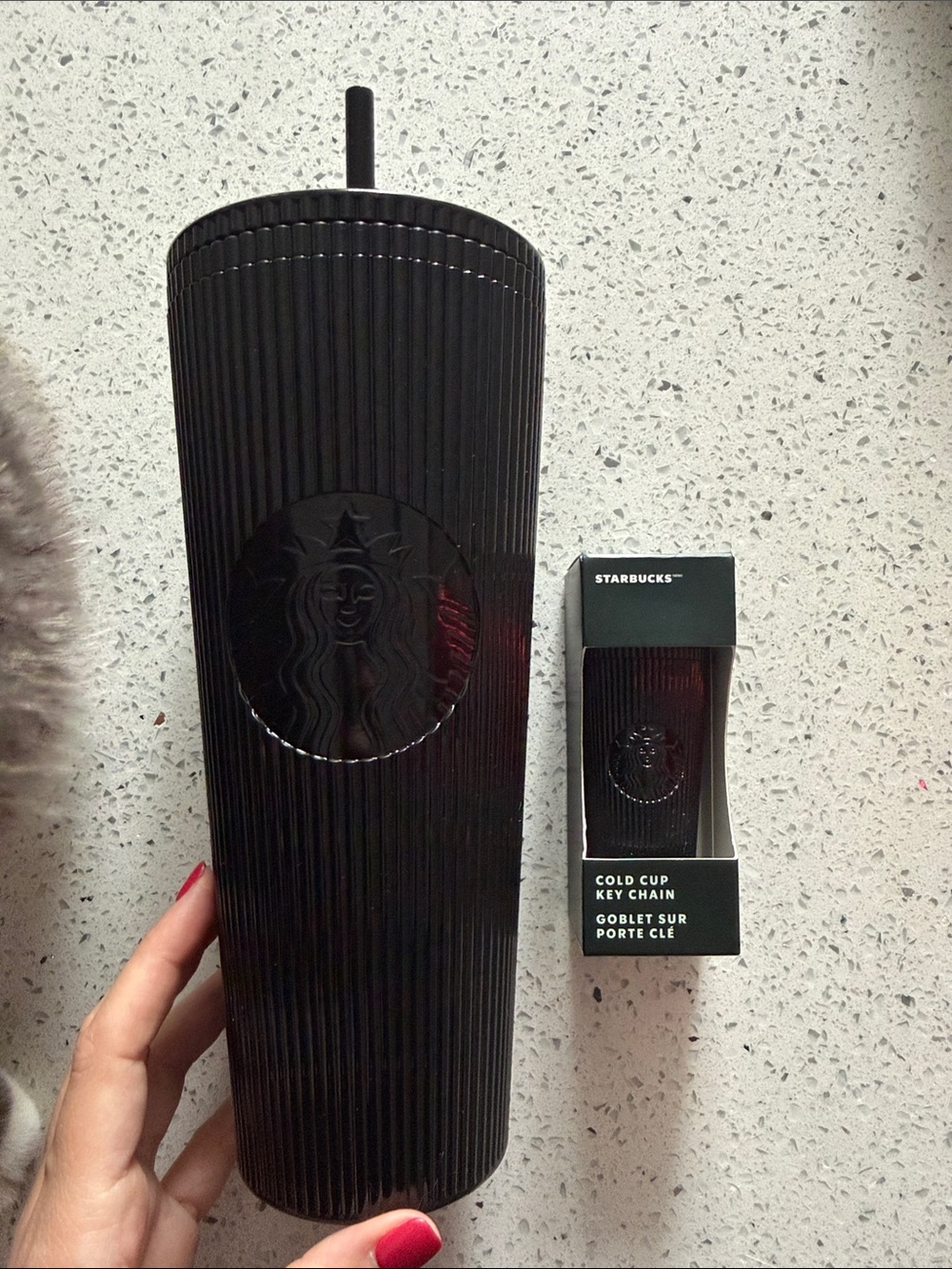 Starbucks Black Ribbed Stainless Tumbler with Straw And Matching Keychain